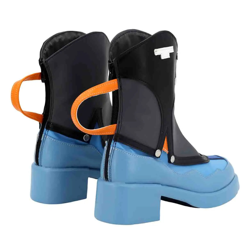 Black cosplay boots with light-blue panels, chunky block heels, orange lace loop