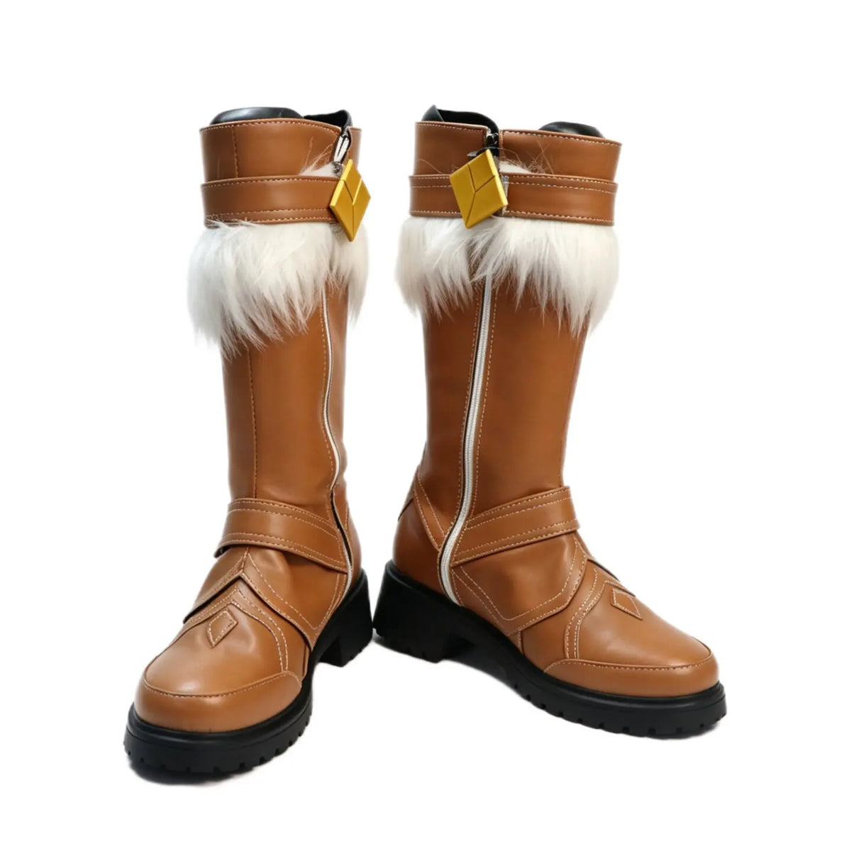 Brown tall cosplay boots with white faux-fur tops, yellow bow accents, and chunky black soles.