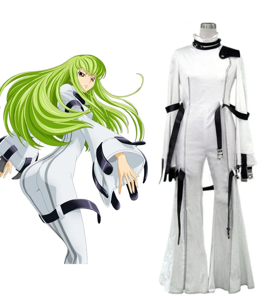 White cosplay dress with long sleeves, black straps, layered skirt, and attached accessories