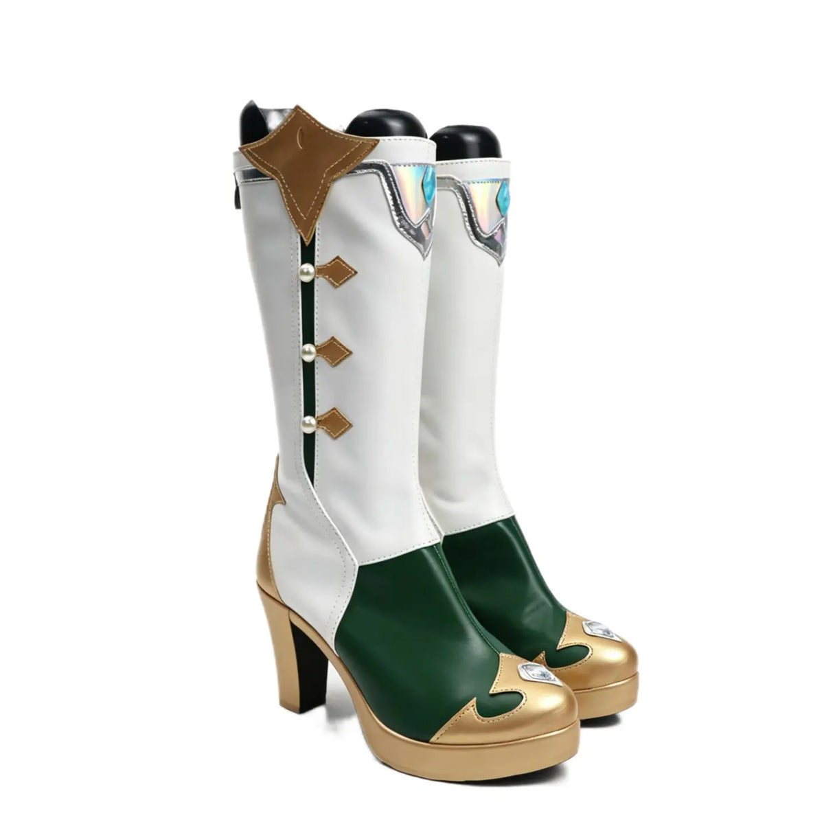 Cosplay high-heel boots, white shaft with green panel and gold star accents, tan sole