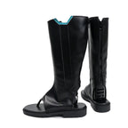 Black tall cosplay boots with open toe straps, zip details, and blue-trim tops