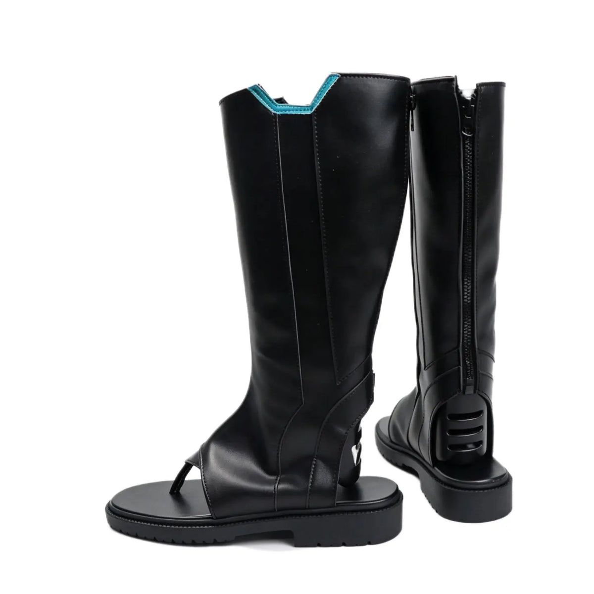 Black tall cosplay boots with open toe straps, zip details, and blue-trim tops