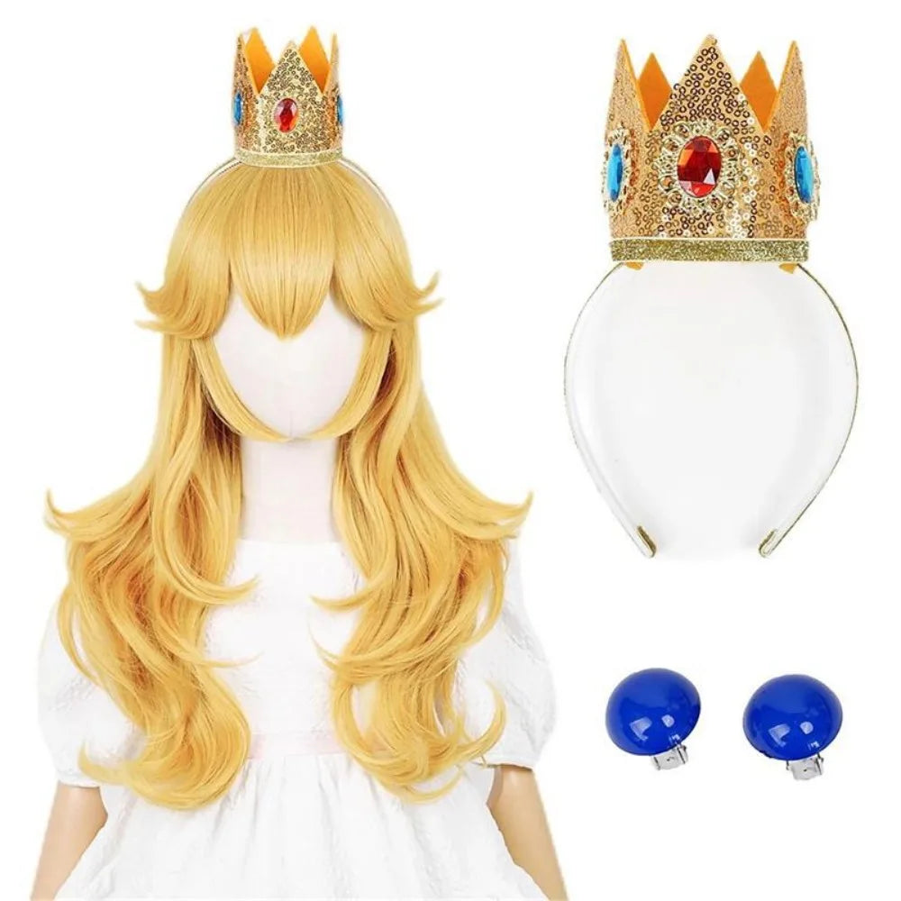 The Super Mario Bros Princess Peach Cosplay Wig Layered Wavy Long Hair with Crown