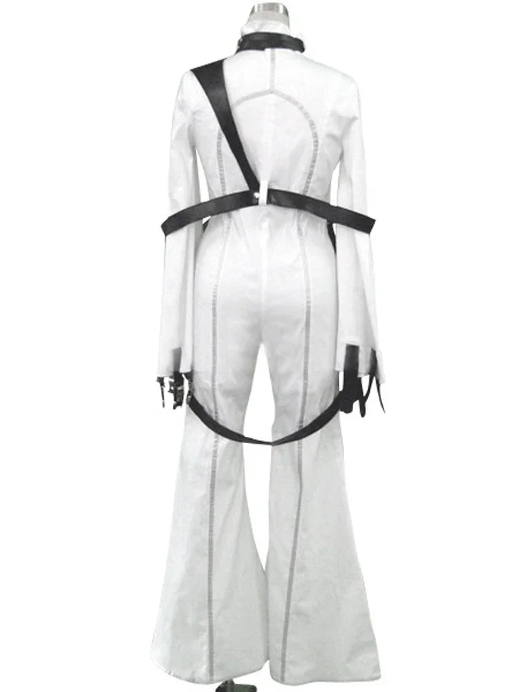 White cosplay back view with black harness straps and long flared pant legs