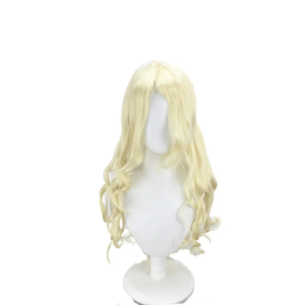Perruque de cosplay de Mavis Vermilion de Fairy Tail, cheveux blonds longs et ondulés 