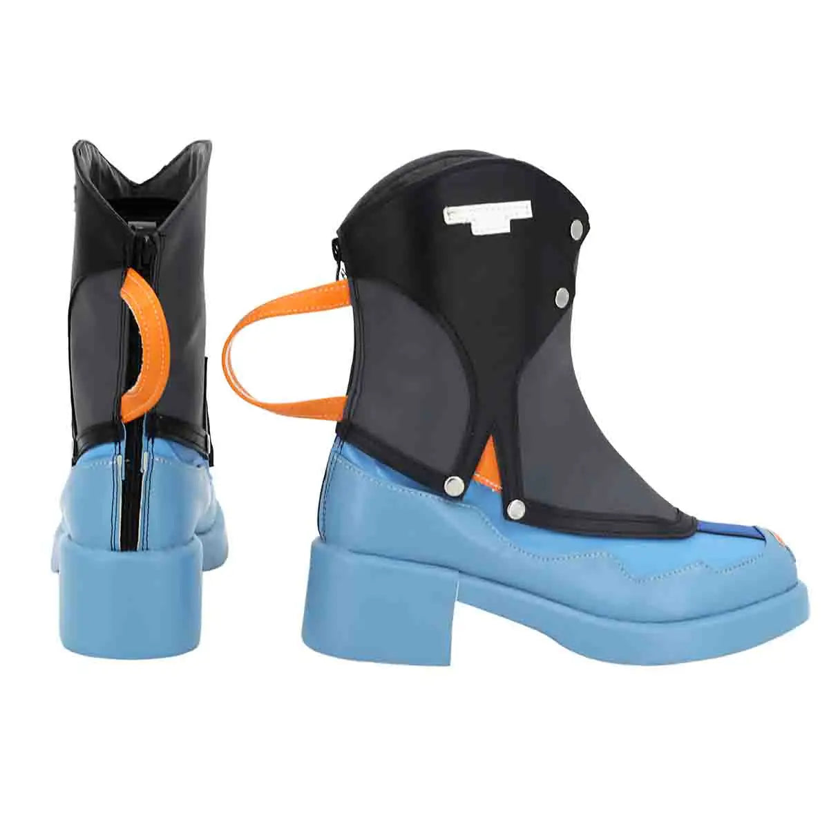 Black and light-blue cosplay boots with orange accent lace and side snap details