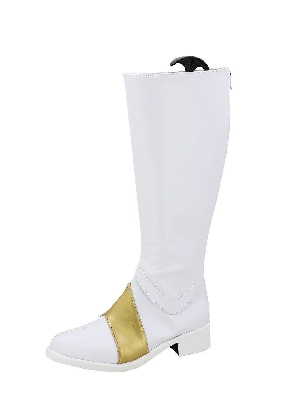 White tall cosplay boots with gold toe and side panel, block heel and pull tab