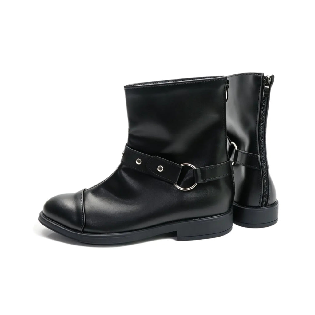 Black ankle cosplay boots, front buckle belt and side zipper, with molded toe and heel