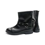 Black ankle cosplay boots, front buckle belt and side zipper, with molded toe and heel
