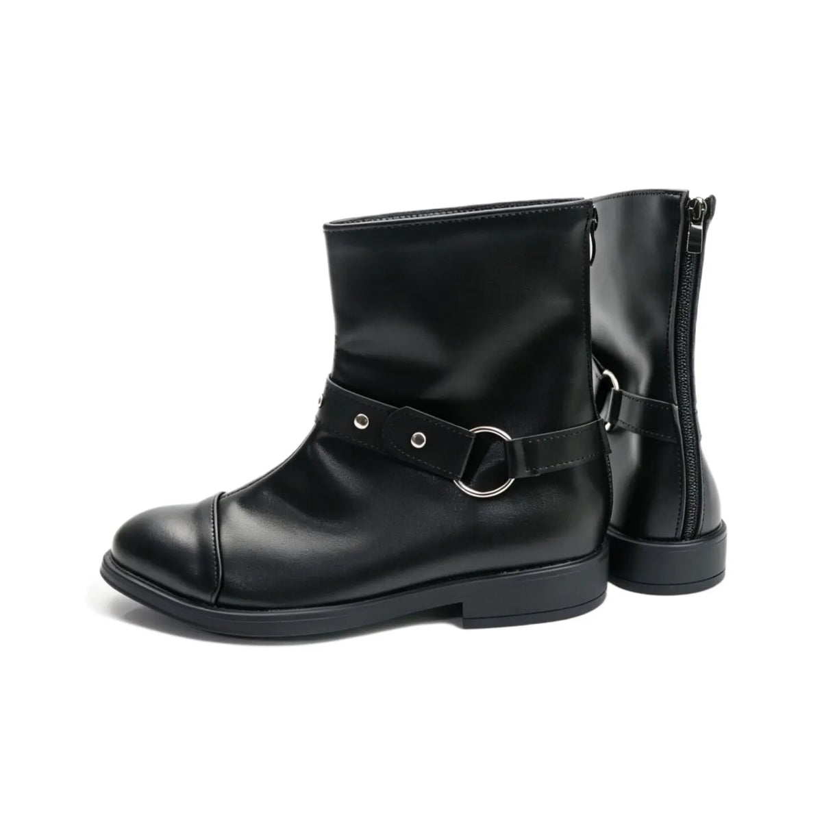 Black ankle cosplay boots, front buckle belt and side zipper, with molded toe and heel