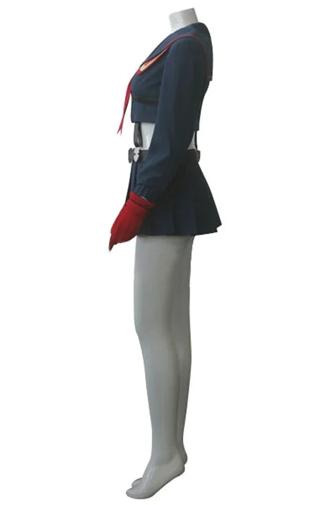Side view navy jacket and skirt with red trim and shoulder details, belt.