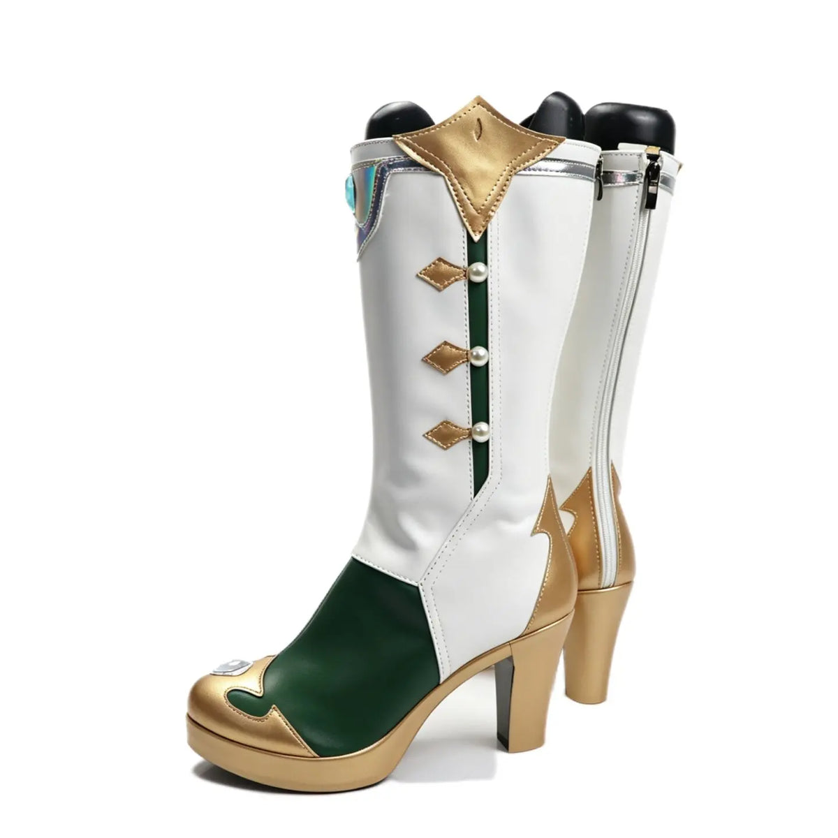 Cosplay high-heel boots, white leather look with green side panel, gold trim, stacked heel