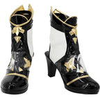 Black high-heel cosplay boots with gold star details and white ankle band