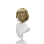 Blonde synthetic cosplay wig, short bob length with smooth rounded back style