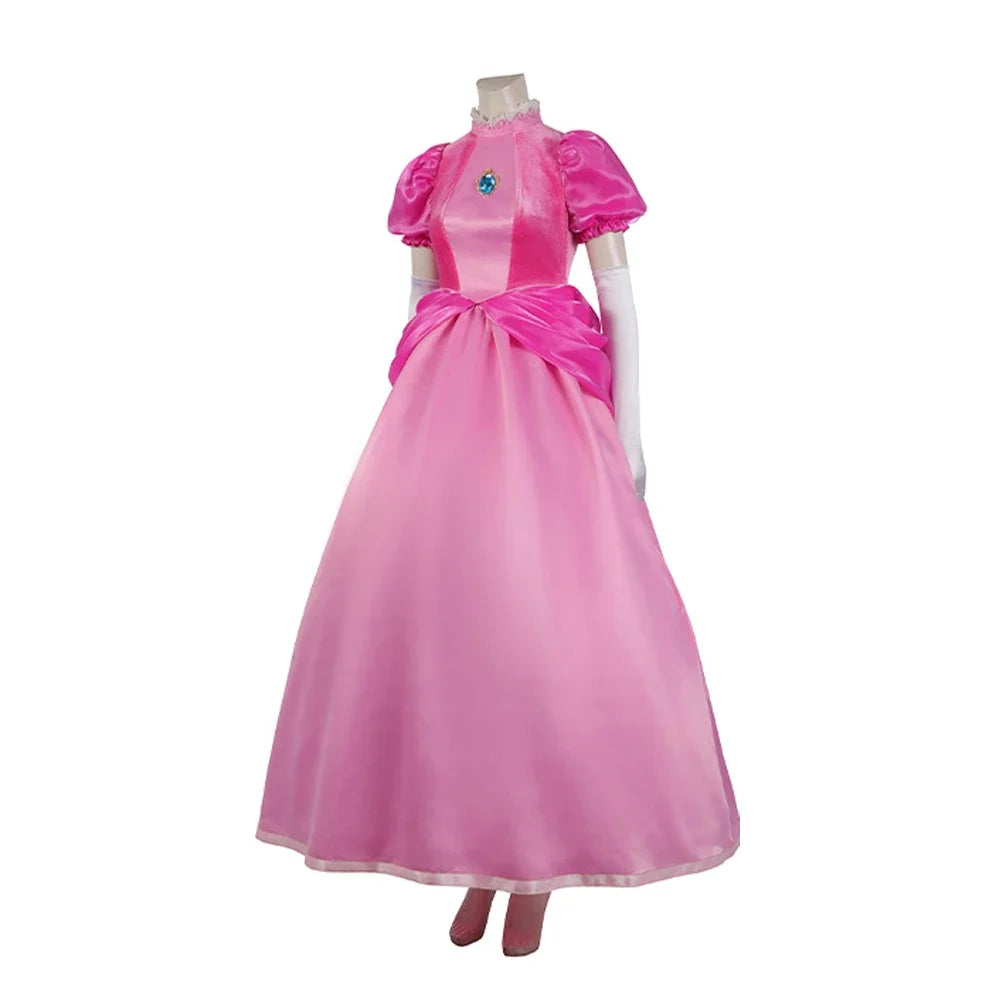 The Super Mario Bros Princess Peach Toadstool Cosplay Costume Pink Dress
