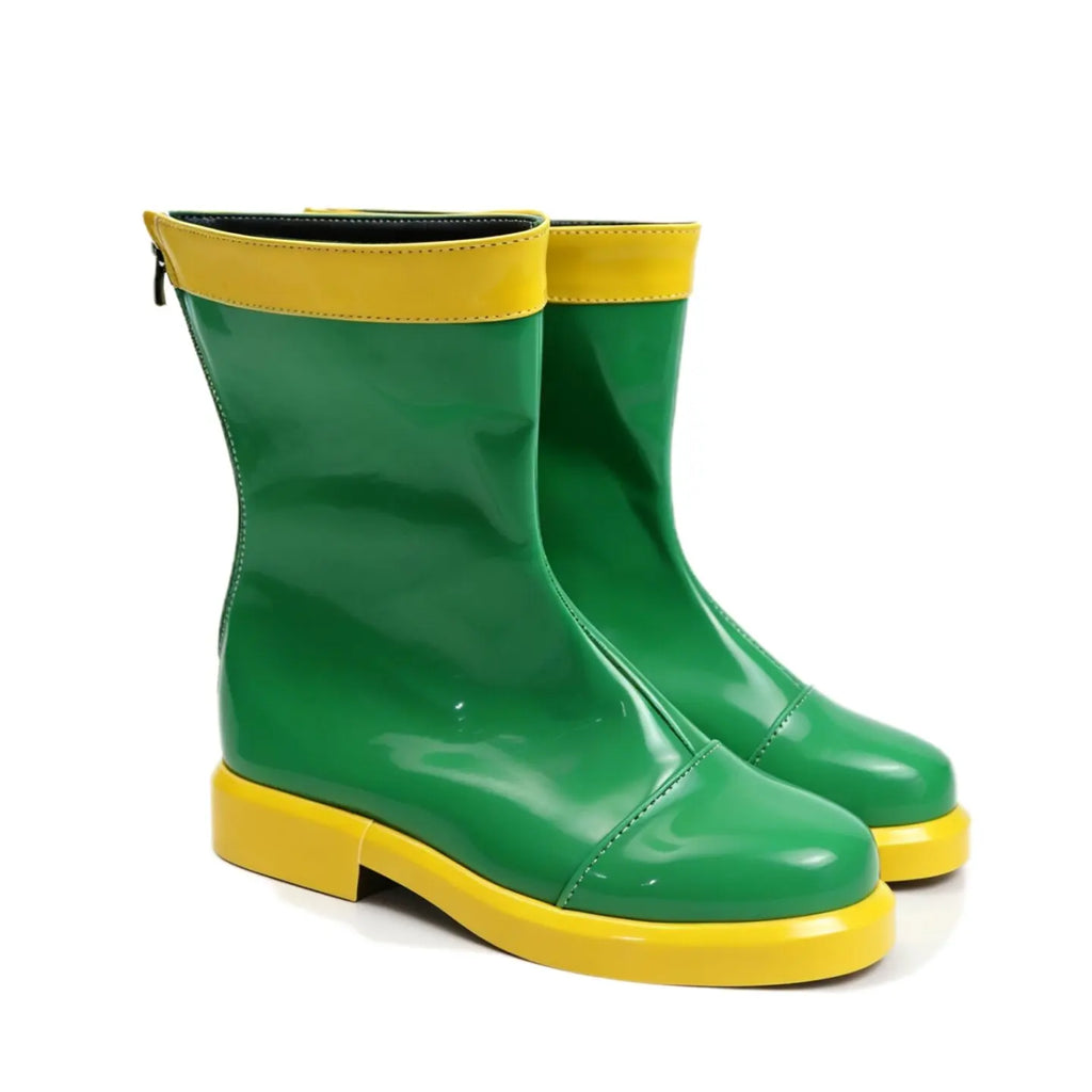 Green mid-calf rain boots, glossy finish with yellow outsole and welt trim