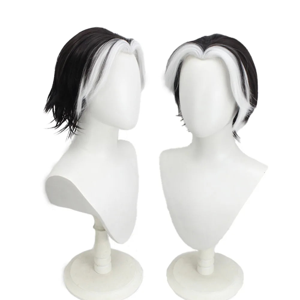 Perruque cosplay Husk de Hazbin Hotel, cheveux noirs et blancs à pointes relevées 