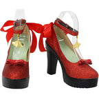 Pair of red glitter Mary Jane cosplay boots with black heels, platform sole, bow straps
