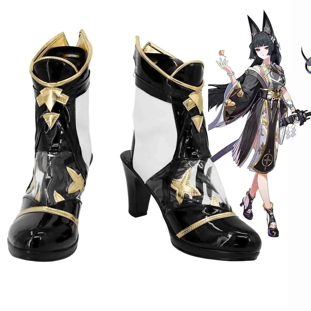 Black high-heel cosplay boots with gold star accents and cutout ankle panels