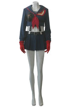 Navy cropped jacket with red trim, red bow tie, pleated skirt, belt, gloves.