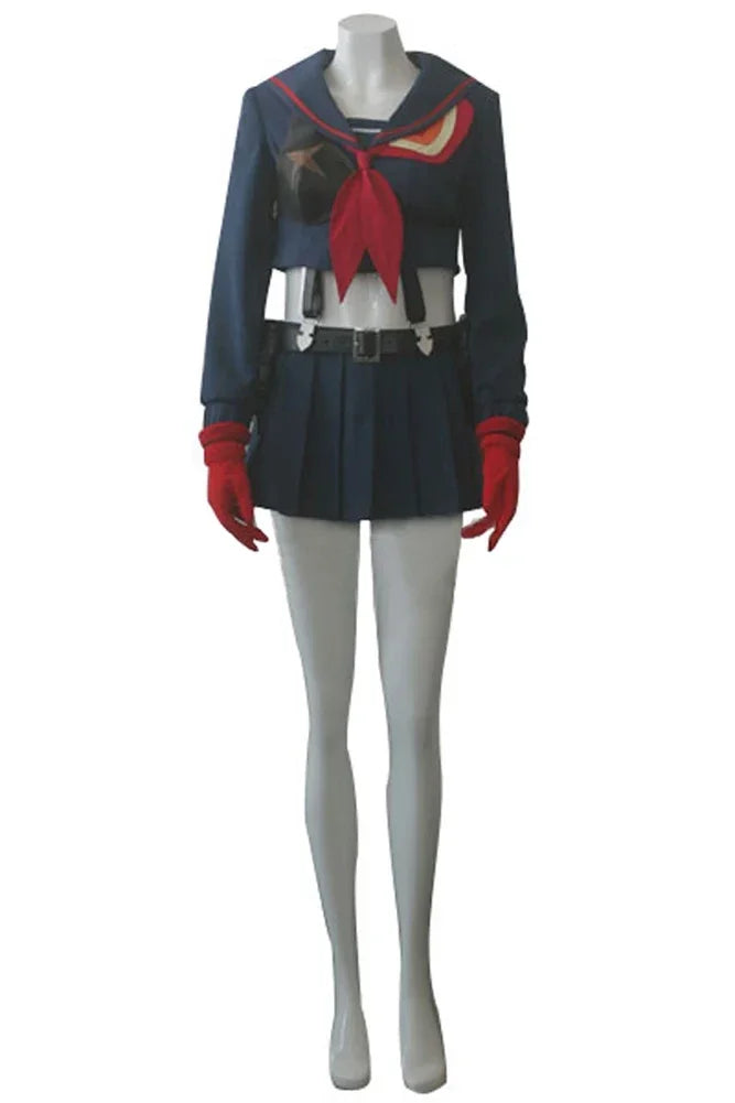 Navy cropped jacket with red trim, red bow tie, pleated skirt, belt, gloves.