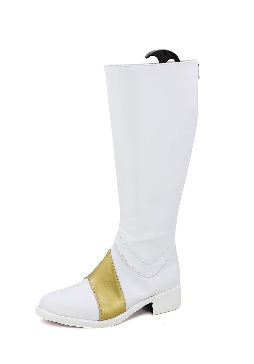 White tall boots with gold side panel and thick sole, minimal seams and block heel