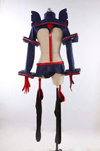 Cosplay costume on mannequin, back view: navy cape-like panels, red straps, black thigh holsters