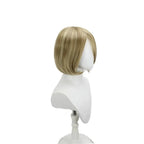 Blonde synthetic wig with short bob cut and side view showing layered bangs