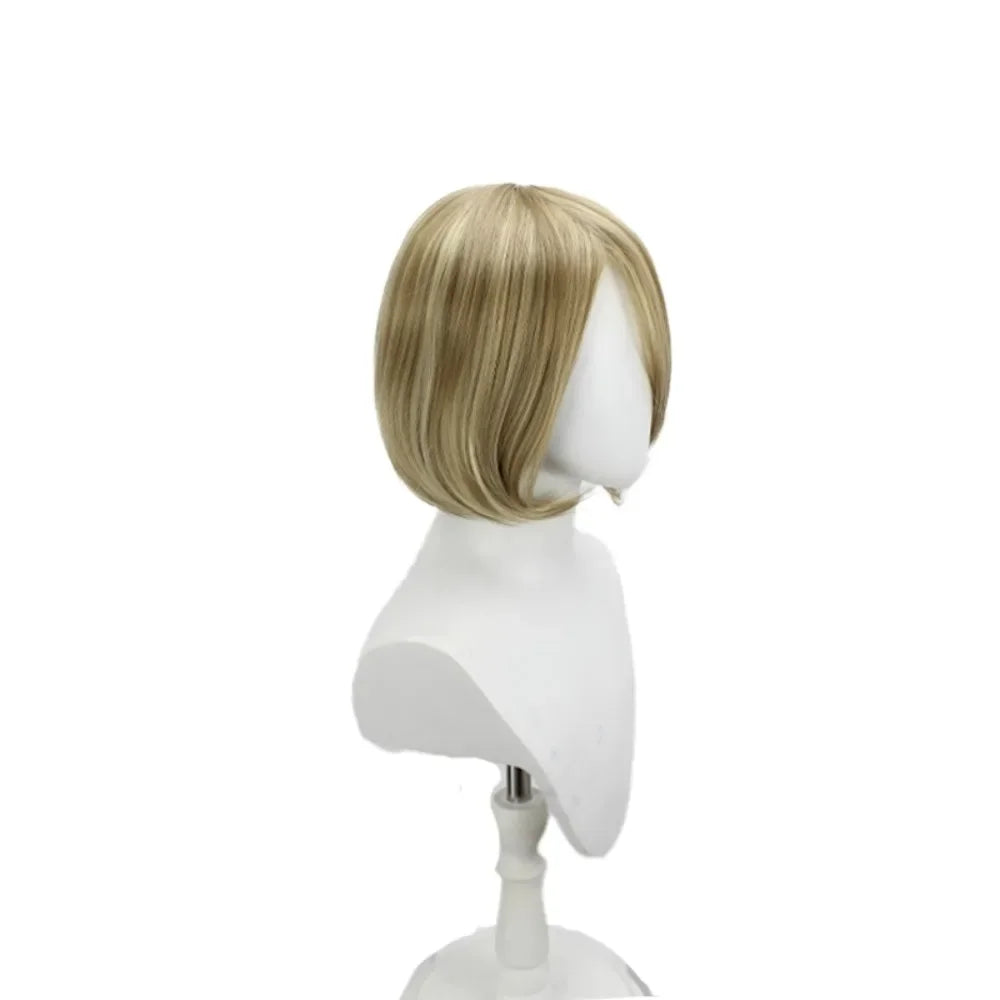 Blonde synthetic wig with short bob cut and side view showing layered bangs