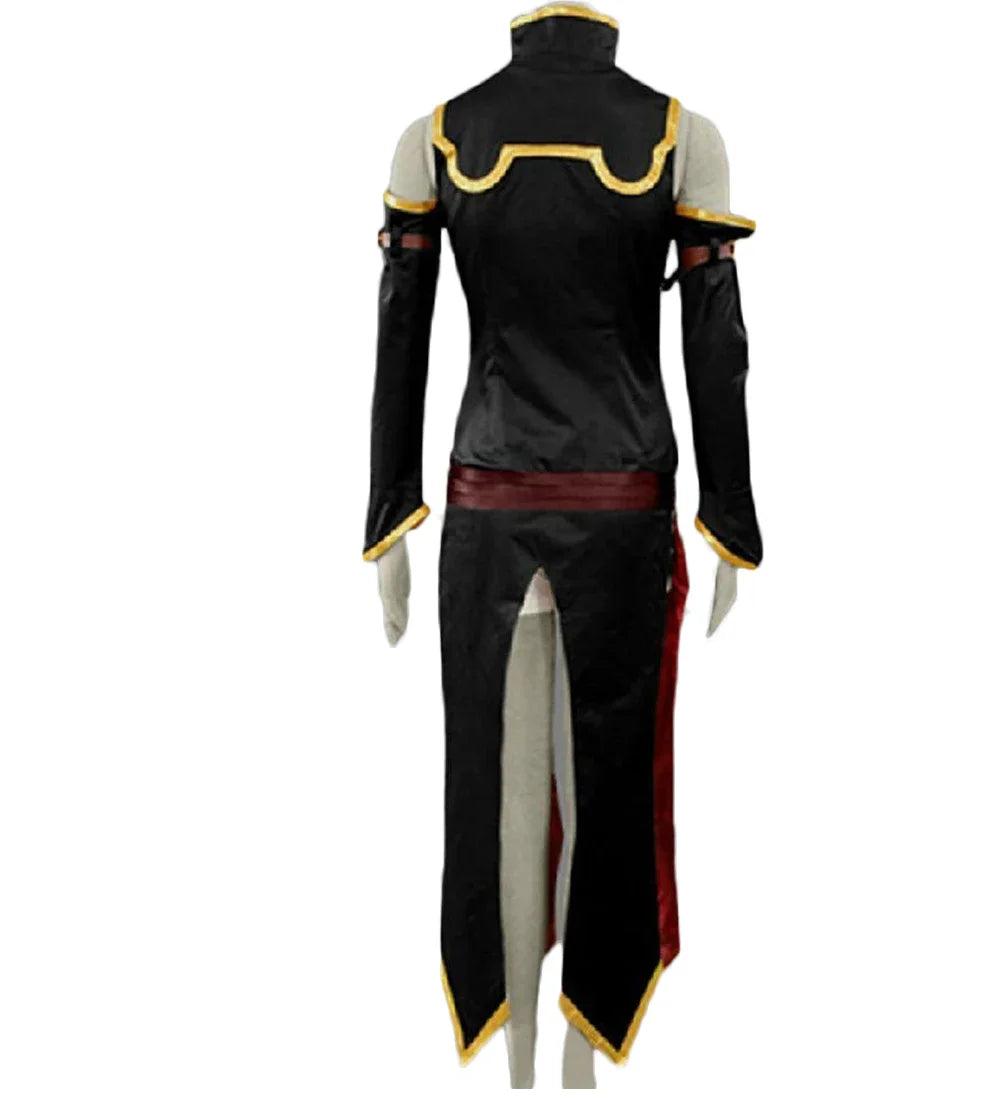Black cosplay costume with gold-trim shoulder details and red sash, long back slit panels