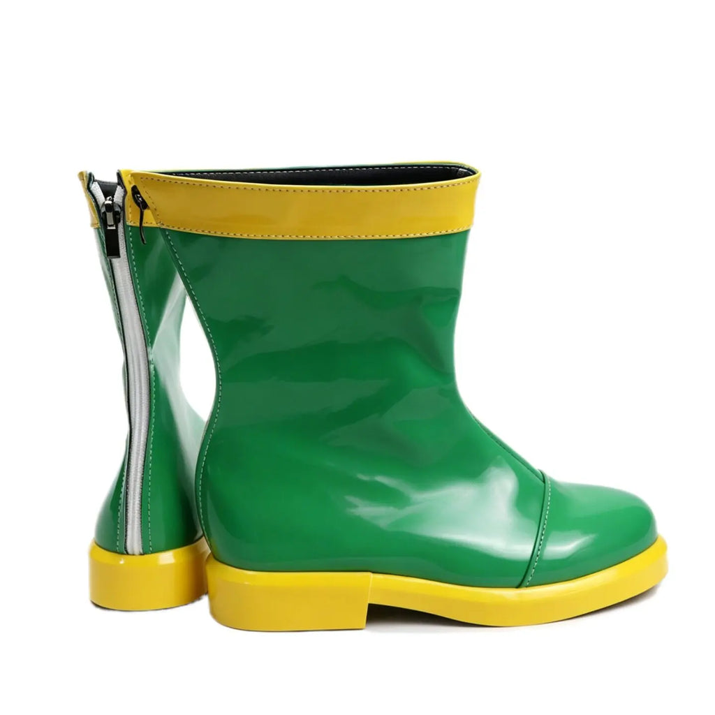 Green mid-calf rain boots with yellow sole, side zipper, and contrasting interior lining