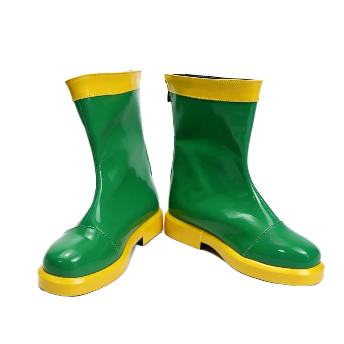 Green mid-calf cosplay rain boots, glossy finish with yellow sole and cuff trim