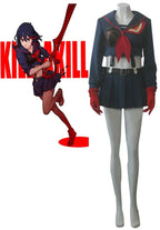 Dark navy cosplay tunic and skirt with red ribbon bow, belt and gloves.