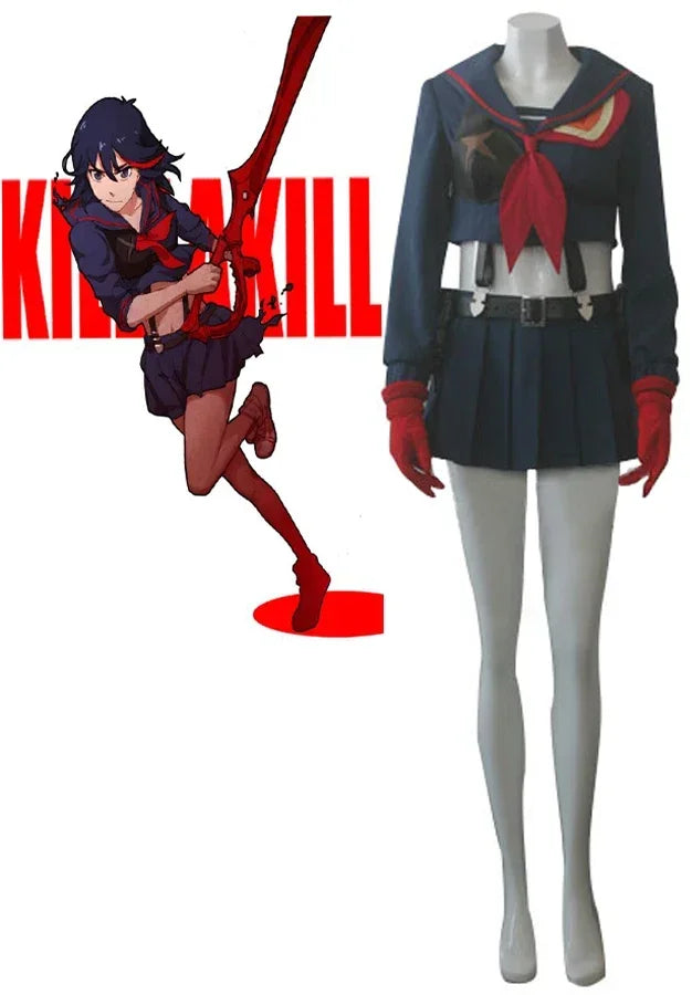 Dark navy cosplay tunic and skirt with red ribbon bow, belt and gloves.