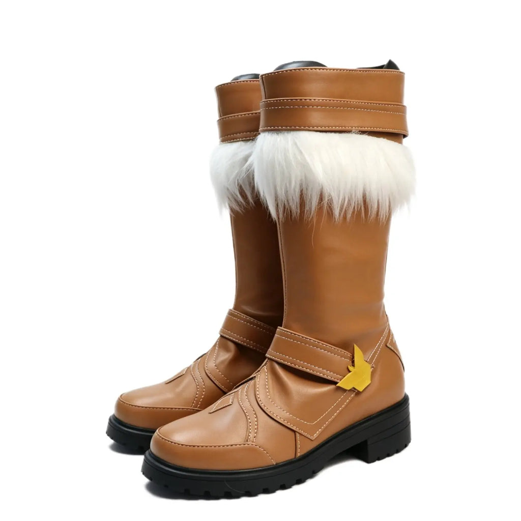 Brown knee-high cosplay boots with white faux-fur trim and yellow bow accent, black sole.