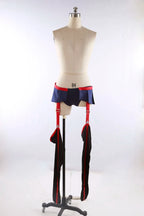 Cosplay costume on mannequin, lower view: navy waistband skirt with red trim and black thigh panels