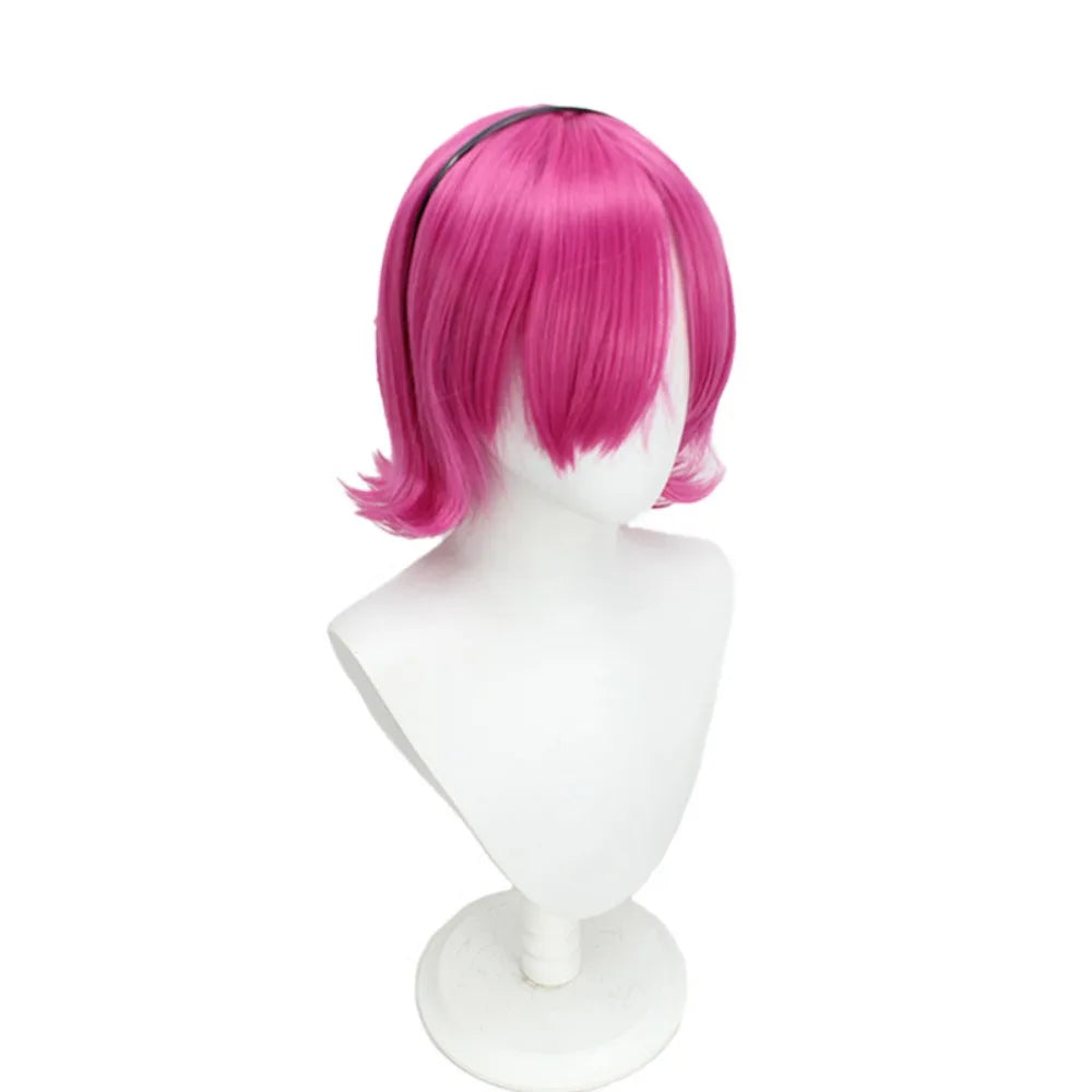 Rose-pink straight cosplay wig, short bob with blunt ends; back view