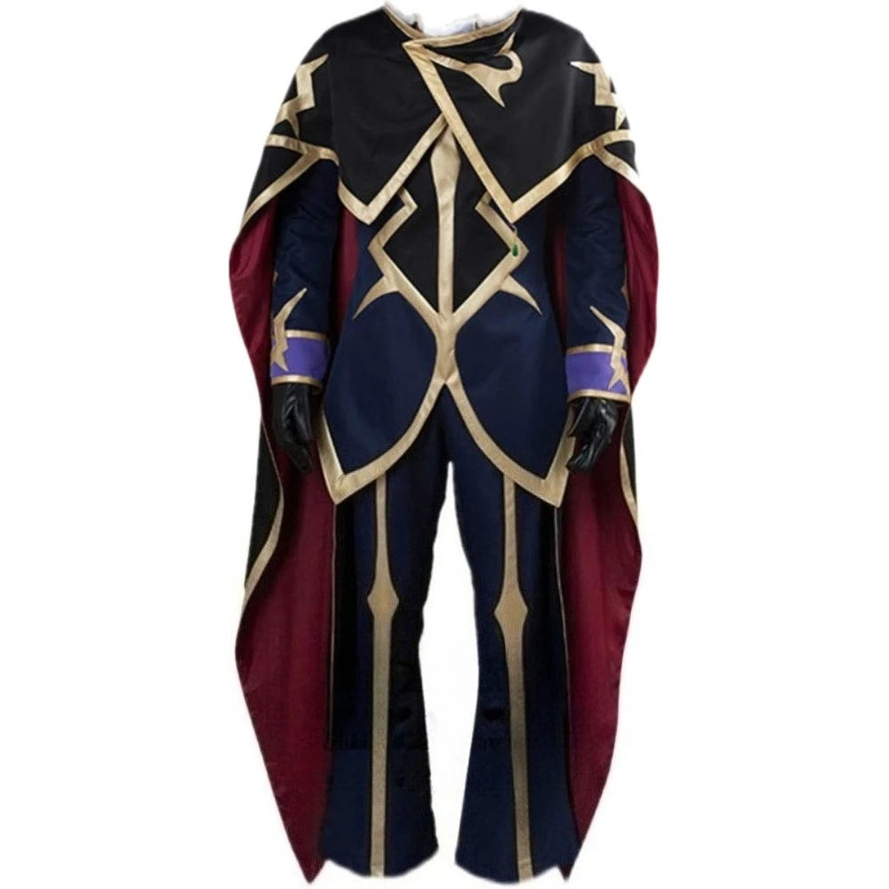 Black, navy, and maroon cosplay uniform with gold geometric chest panel and draped cape
