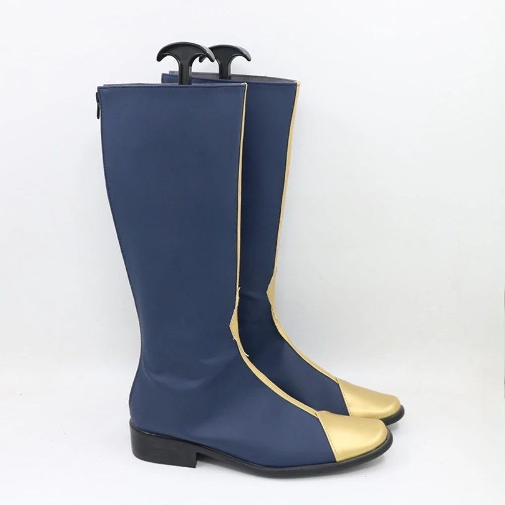 Navy-blue knee-high cosplay boots with gold toe and side trim; pair angled front.