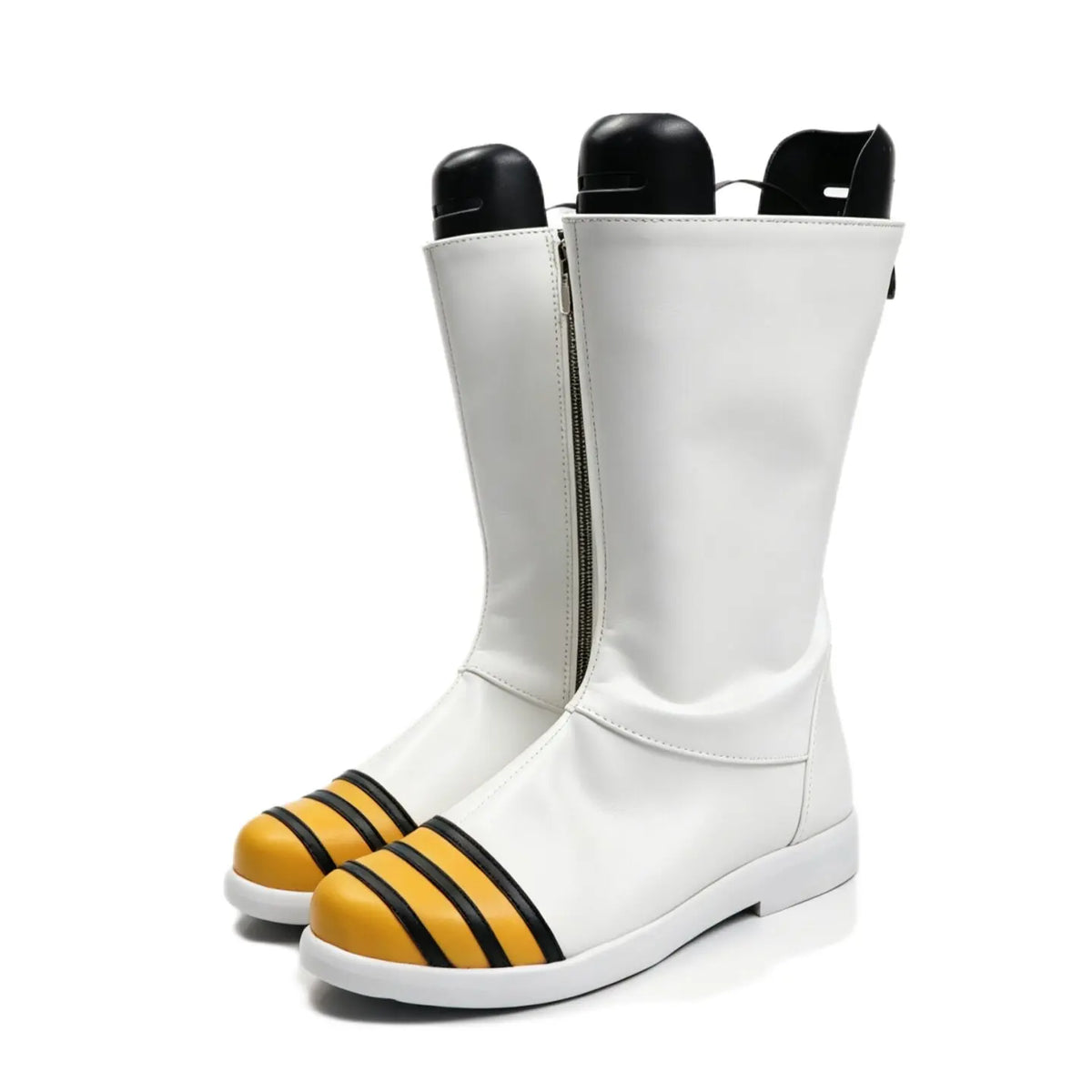 Dragon Ball Vegeta Cosplay Boots White Shoes Custom Made, white anime cosplay boots with yellow toe caps and black strap details displayed together