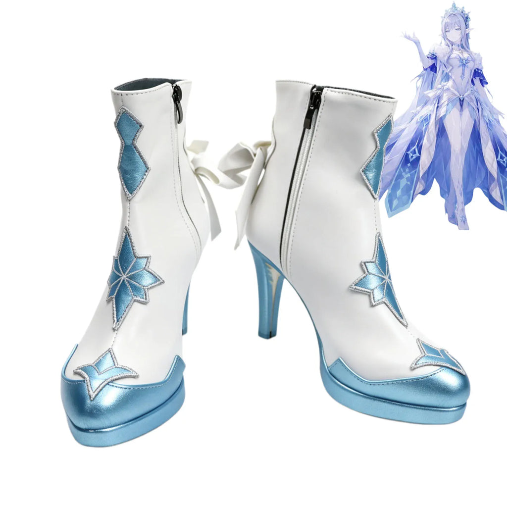 Ice Queen Anastasya cosplay boots, white and blue heeled ankle boots with side zipper