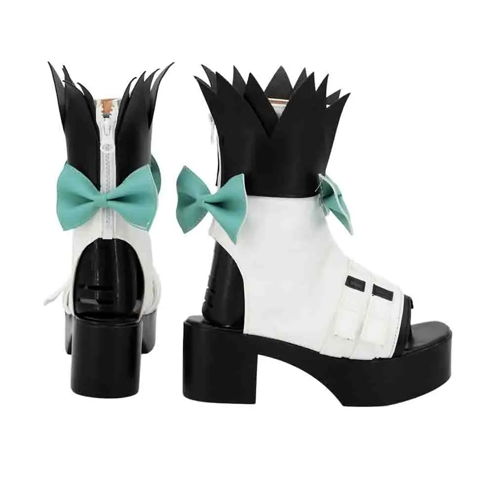 Cosplay boots pair, white ankle height with black open toe, teal bow, black spikes on shaft