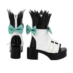 Cosplay boots pair, white ankle height with black open toe, teal bow, black spikes on shaft