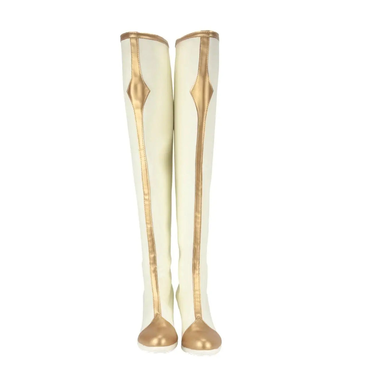 Pair of knee-high white boots with gold trim and pointed metallic toe details