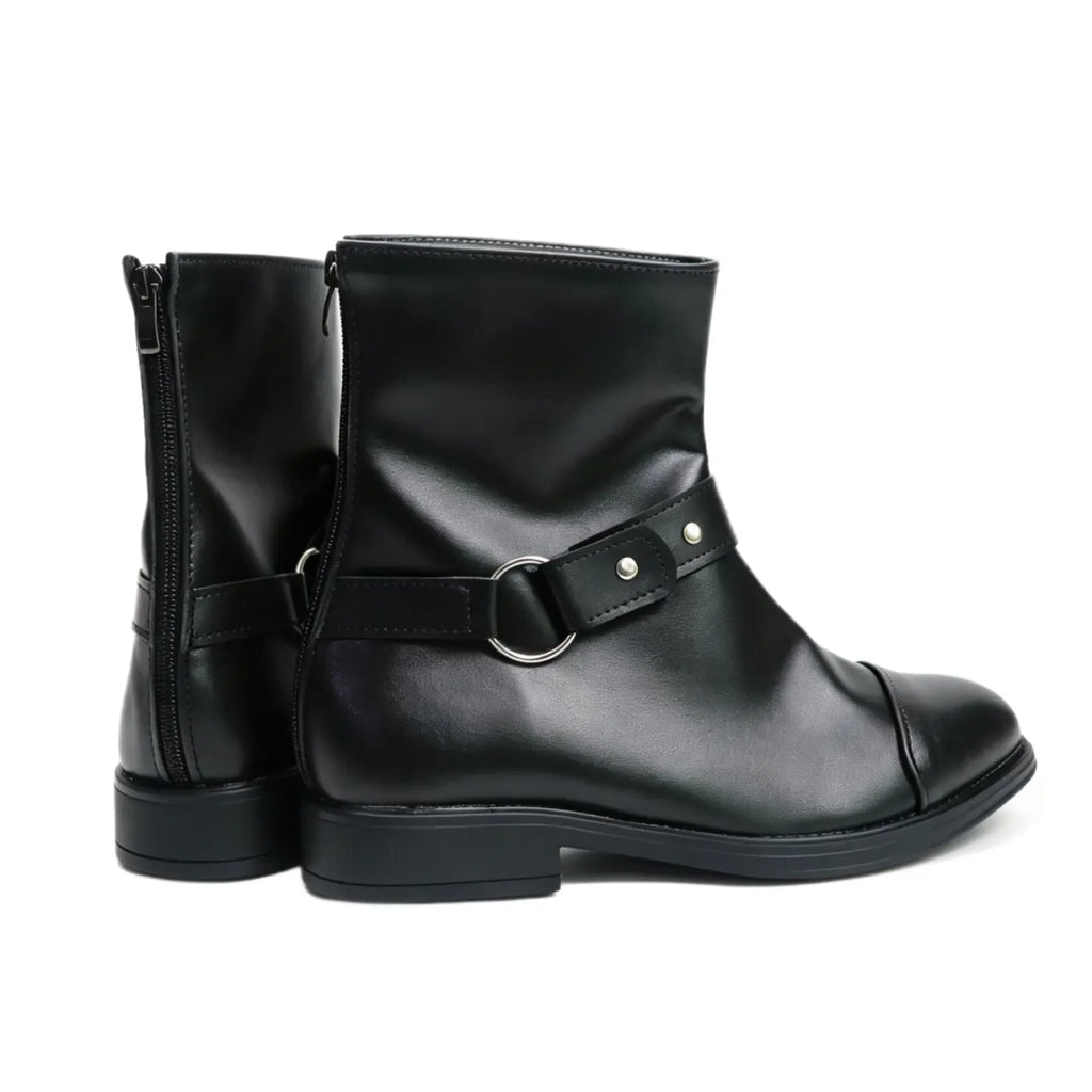 Black ankle cosplay boots with side zippers and wide buckle strap across the front