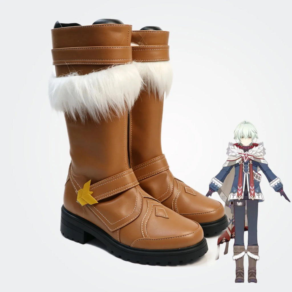 Brown cosplay boots with white faux-fur cuff, strap details, and chunky black sole.
