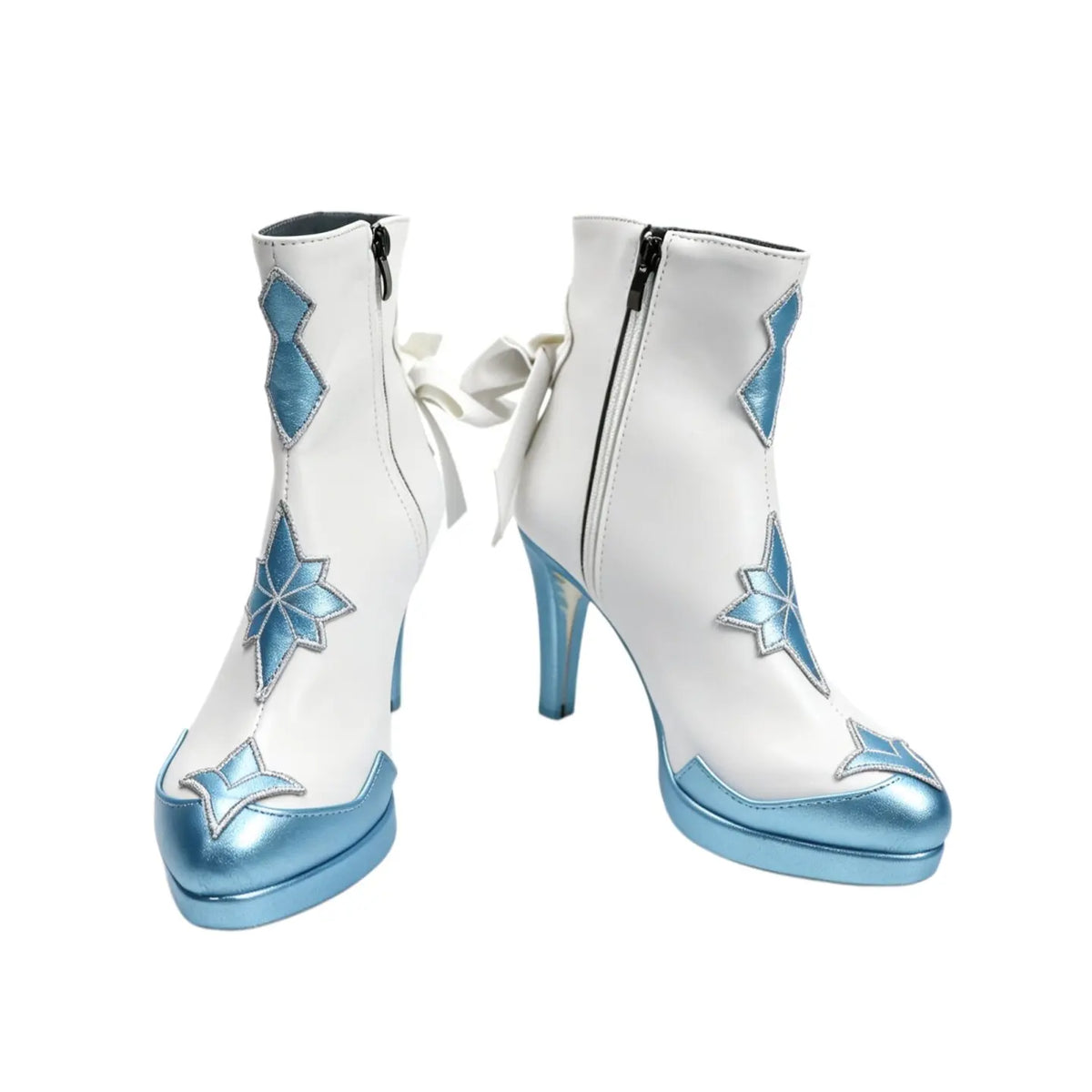 Pair of white ankle boots with blue geometric star designs, mid heels and zippers