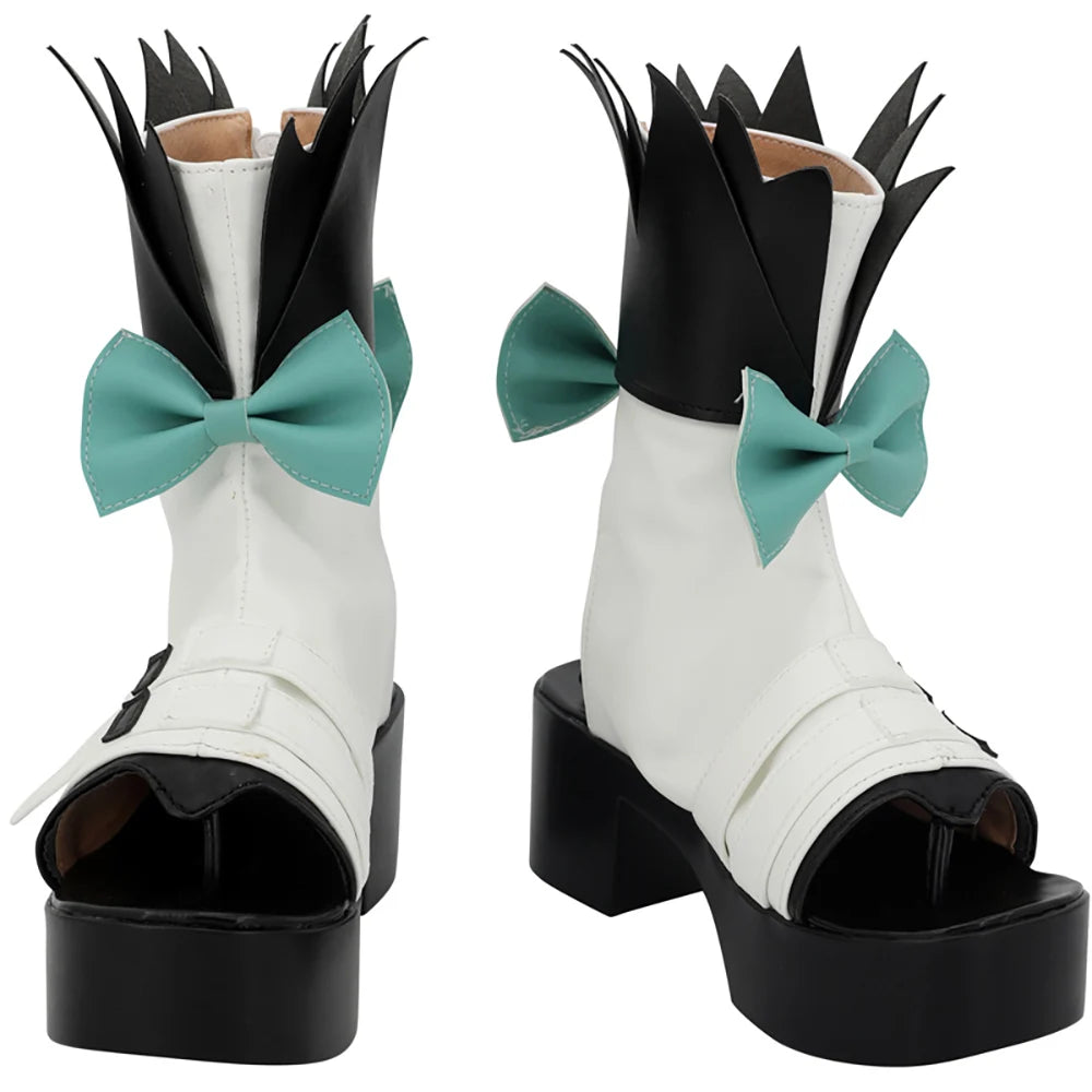 Cosplay boots with white uppers, black platform soles, teal bows, tall black spiked collar