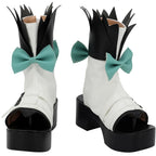 Cosplay boots with white uppers, black platform soles, teal bows, tall black spiked collar