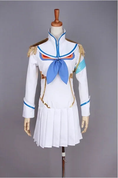Front view white cosplay dress with blue collar bow, gold trim and pleated skirt